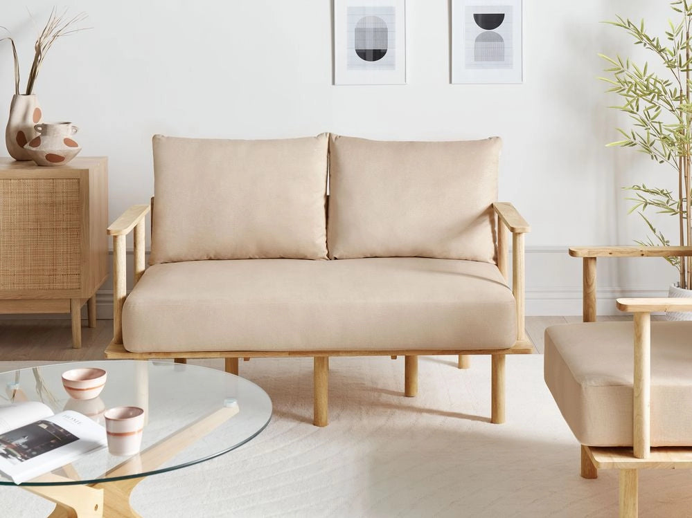 Divano Beige Poliestere Tessuto Rivestito 2 Posti Japandi Stile Minimalista