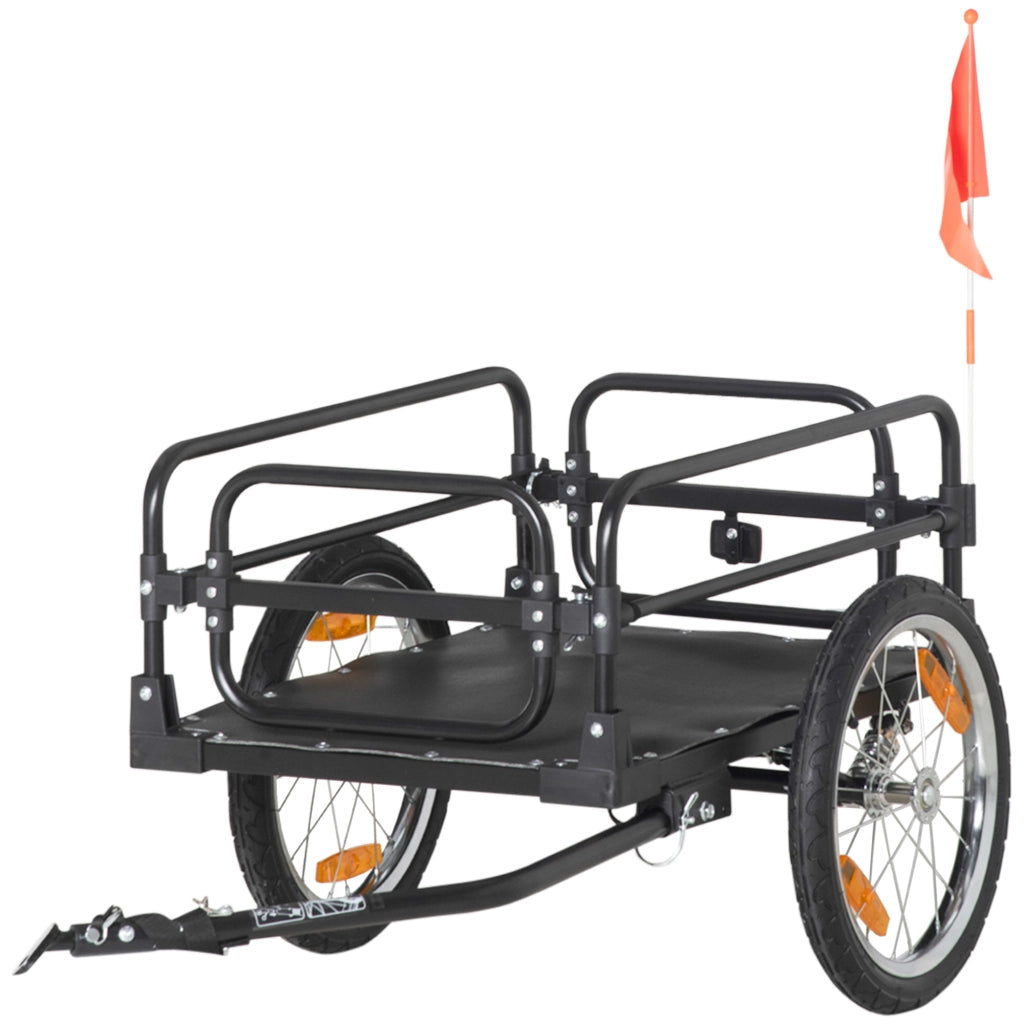 Carrello Bici da 70L con 2 Ruote da 16", 2 Catarifrangenti e Bandierina, in Acciaio e PE, 125x64x53.5 cm, Nero