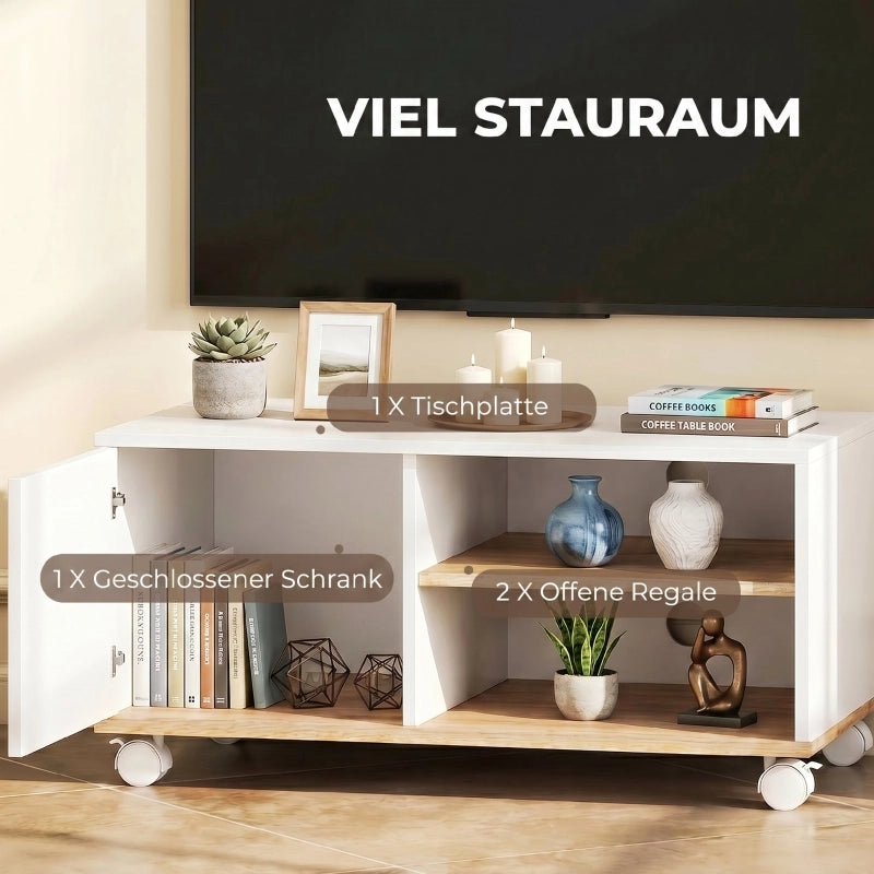 Mobile porta TV su rotelle con freno, mobile TV con armadietto e ripiano regolabile, bianco e rovere