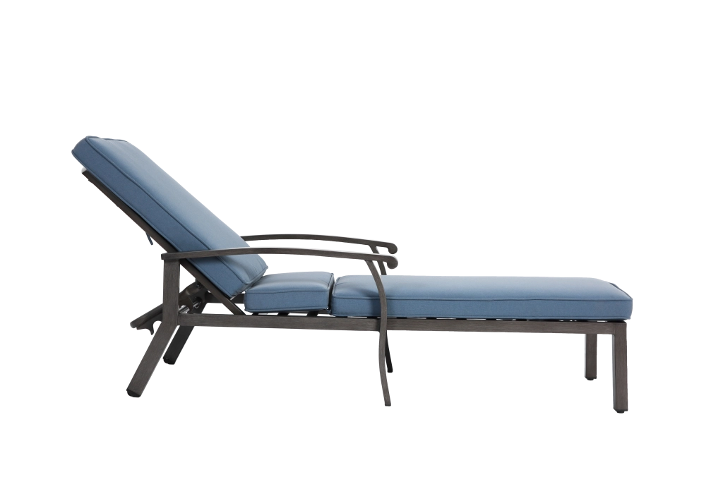 Sedia lounge da esterno in alluminio con cuscino blu, schienale reclinabile a 5 posizioni