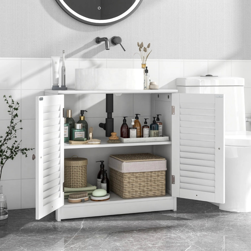 Mobiletto sotto lavabo con 2 porte a persiana, Organizer moderno per lavabo salvaspazio per prodotti da toeletta e asciugamani