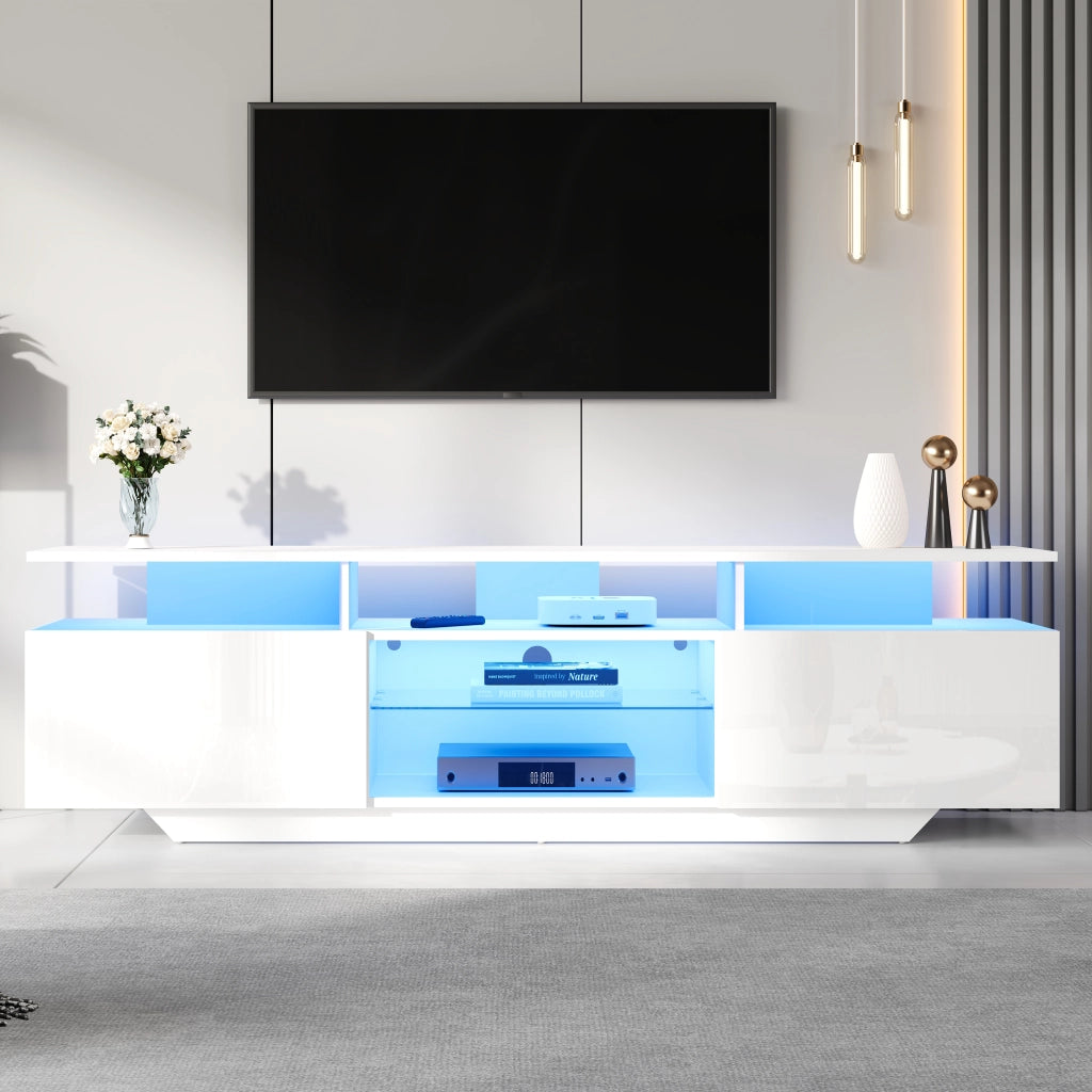 Mobile TV con LED ¨C MINIMAL ¨C Bianco Lucido, MDF, 160x40x45 cm, 8 Ripiani, 2 Ante