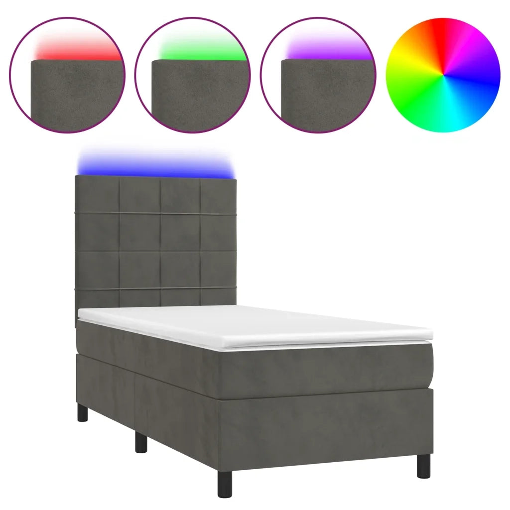 Letto singolo | Letto per adulti | Letto a Molle con Materasso e LED Grigio Scuro 90x200cm Velluto