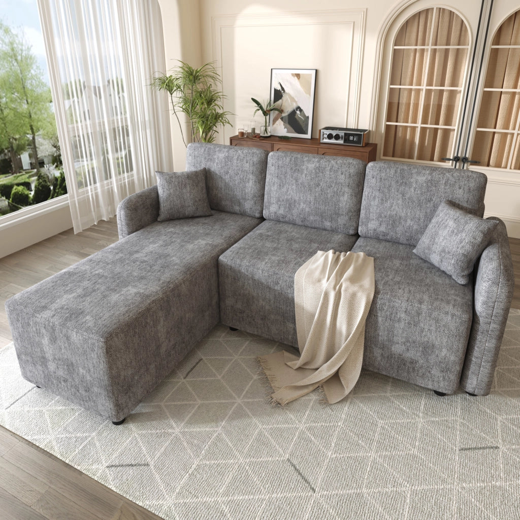 Divano angolare 3 posti - con area relax e 2 cuscini - in chenille grigio