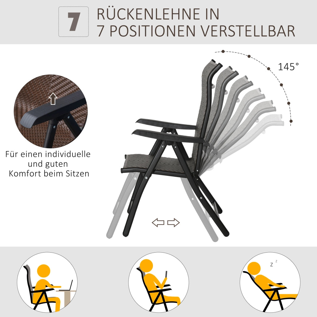 Sedia pieghevole con braccioli schienale regolabile in 7 posizioni realizzata in polyrattan per giardino e patio.