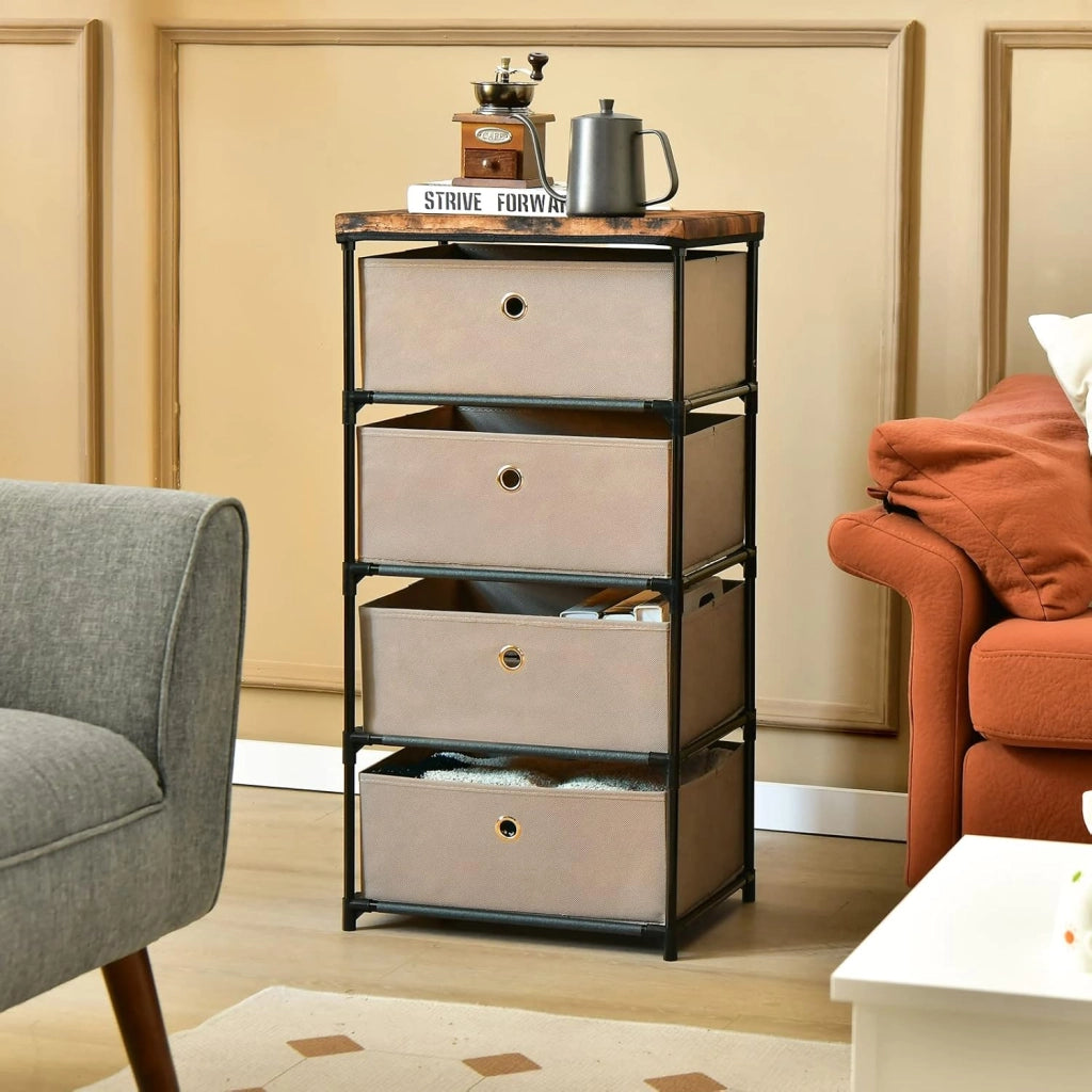 Cassettiera in Tessuto, Mobile con 4 Cassetti e Struttura Robusta in Metallo, Mobiletto Salvaspazio per Camera da Letto, Corridoio, Ingresso e Armadio, 42 x 33,5 x 84,5 cm (Marrone)
