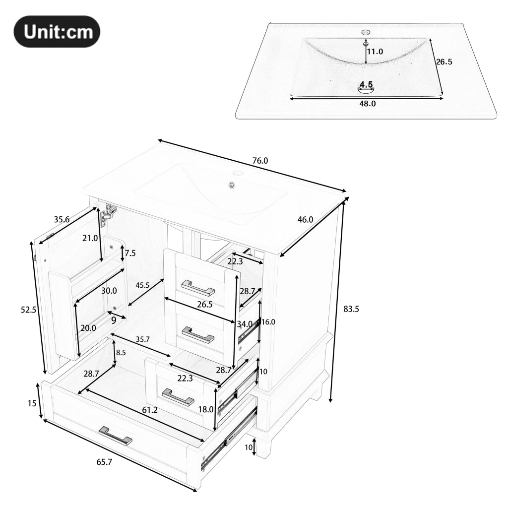 Mobile Bagno con Lavabo Integrato ¨C MINIMAL ¨C Grigio, 76x46x83.5 cm, 3 Cassetti, Ceramica