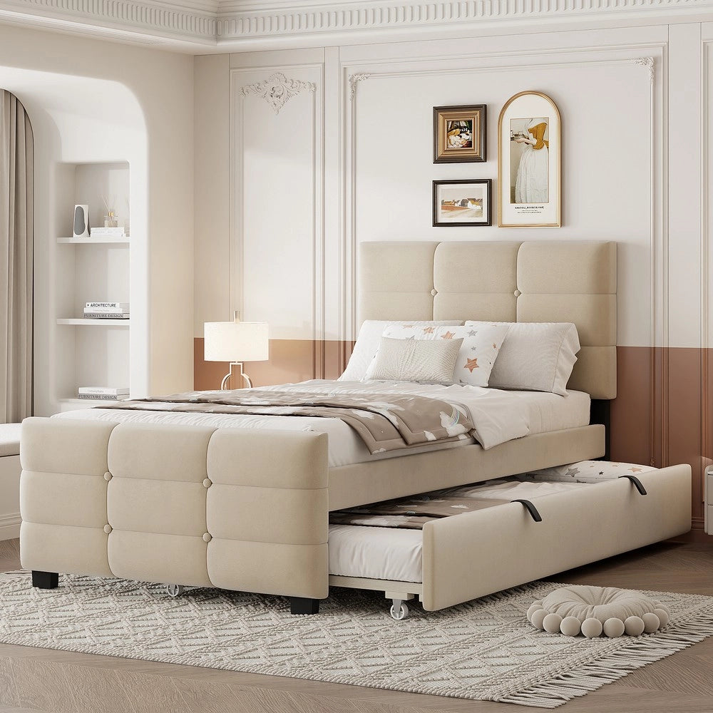 Letto imbottito con letto estraibile - Zephmum- 90x190 cm - Beige - Tessuto in velluto ipoallergenico
