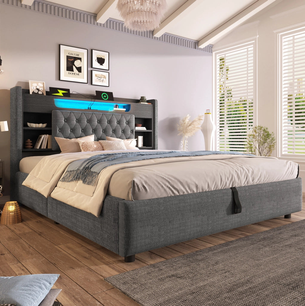 Letto contenitore 140x190 cm con LED, USB e testiera con ripiani