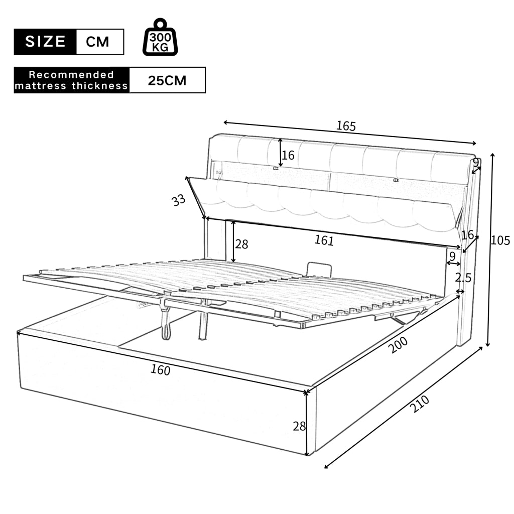 Letto imbottito con contenitore idraulico e testiera con vano nascosto; rivestimento in PU bianco; 160x200 cm; senza materasso