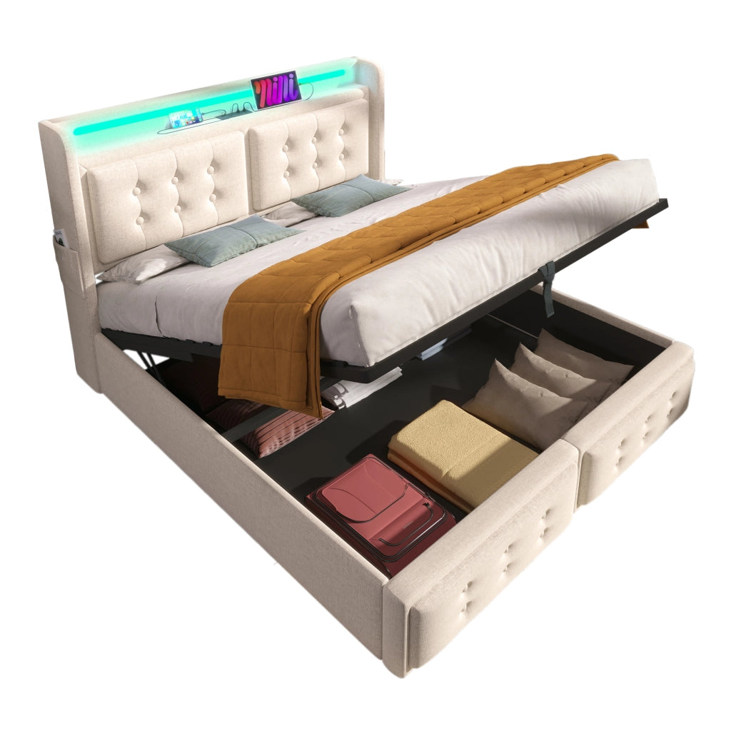 OKWISH Letto Contenitore 180×200 cm, Letto Matrimoniale con LED Regolabile, USB, Tipo C e Prese, senza Materasso, Beige
