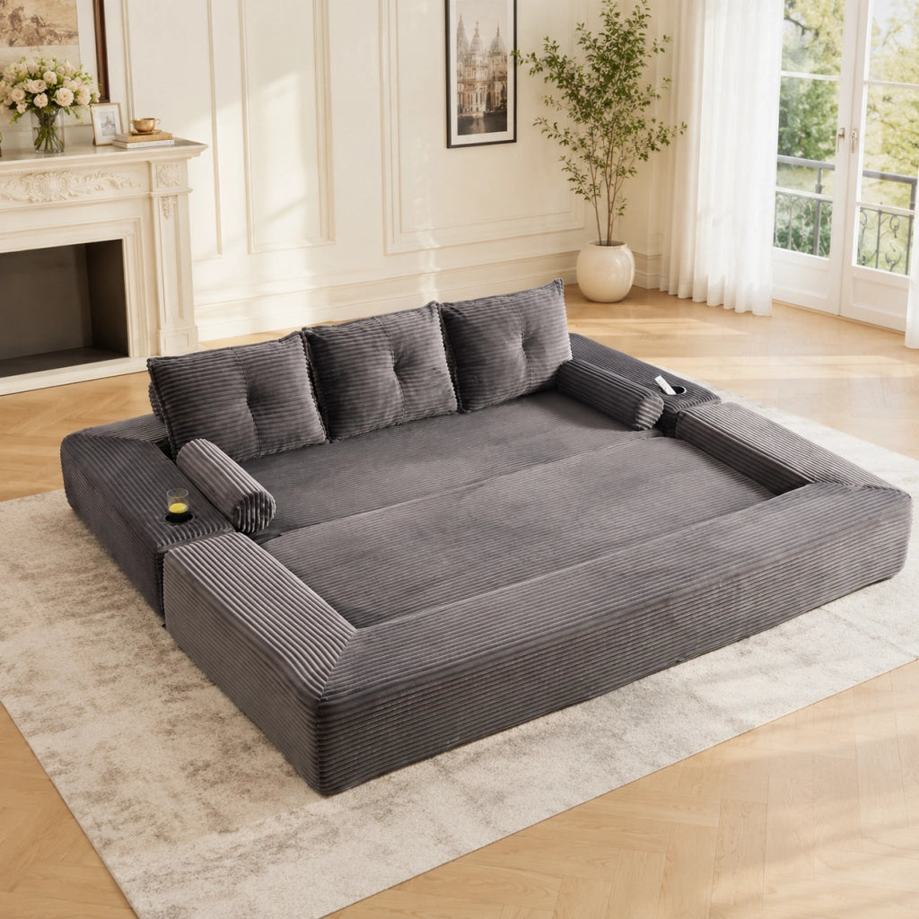 Divano Letto 3 Posti con Cuscini e Portabicchieri ¨C MINIMAL ¨C Tessuto a Coste