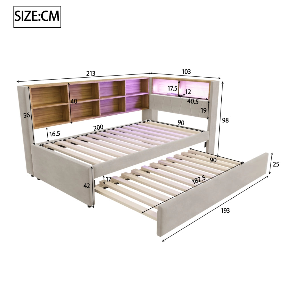 Divano letto 90x200 cm con letto estraibile 90x190; LED; USB e Type-C; vani contenitore; grigio chiaro
