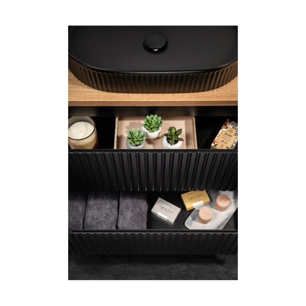 Set da bagno VANO 60cm: mobile sottolavabo con cassetti scanalati verticalmente + piano per lavabo effetto rovere