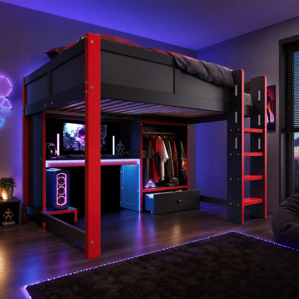 DESMIU Lit mezzanine 140 × 200 cm 1 posto con scrivania, armadio, LED, senza materasso, in legno, nero e rosso