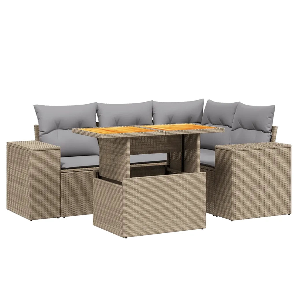 Set Divano da Giardino 5 pz con Cuscini Beige in Polyrattan