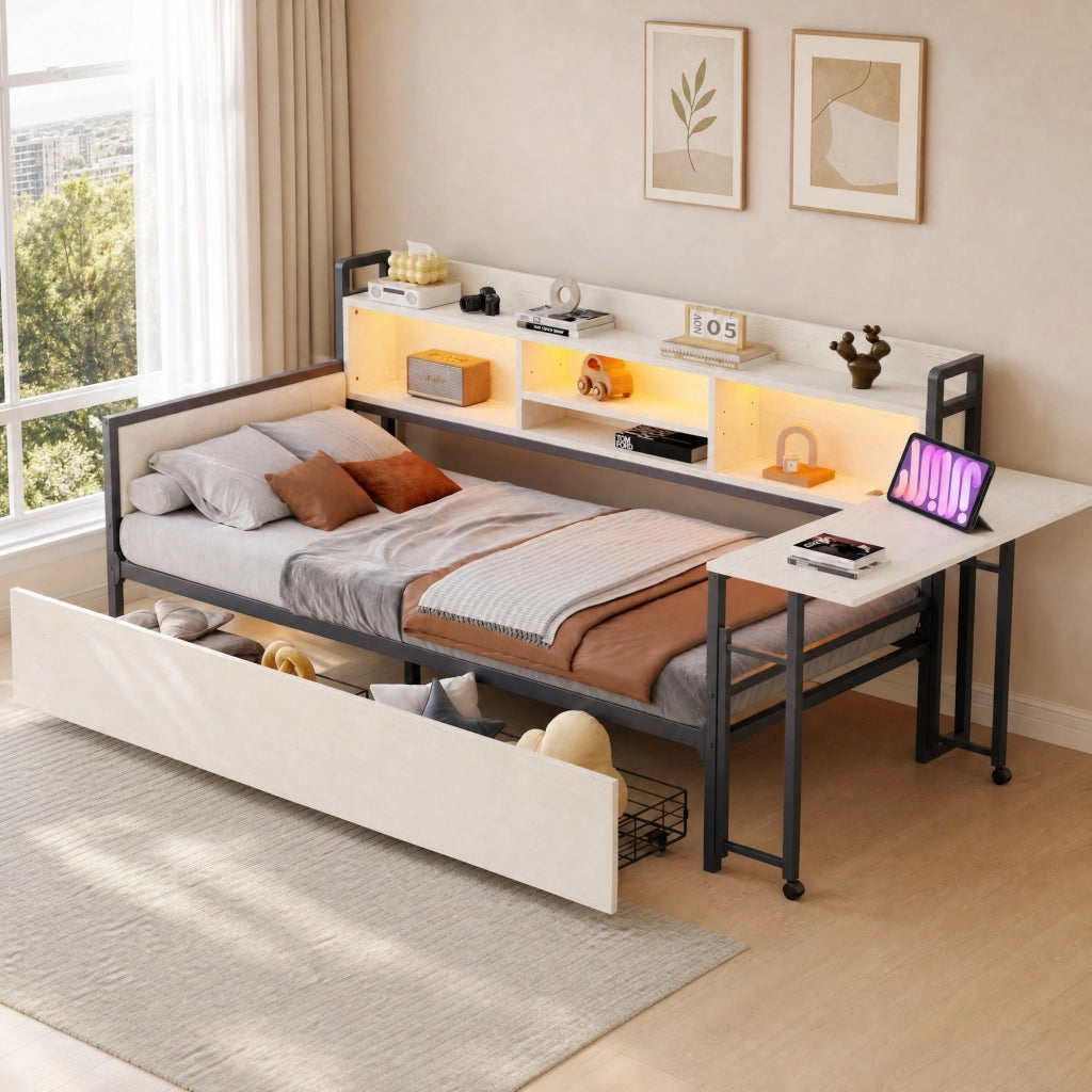 Letto multifunzione singolo 90x200 cm in metallo con LED; scrivania e cassetti; bianco