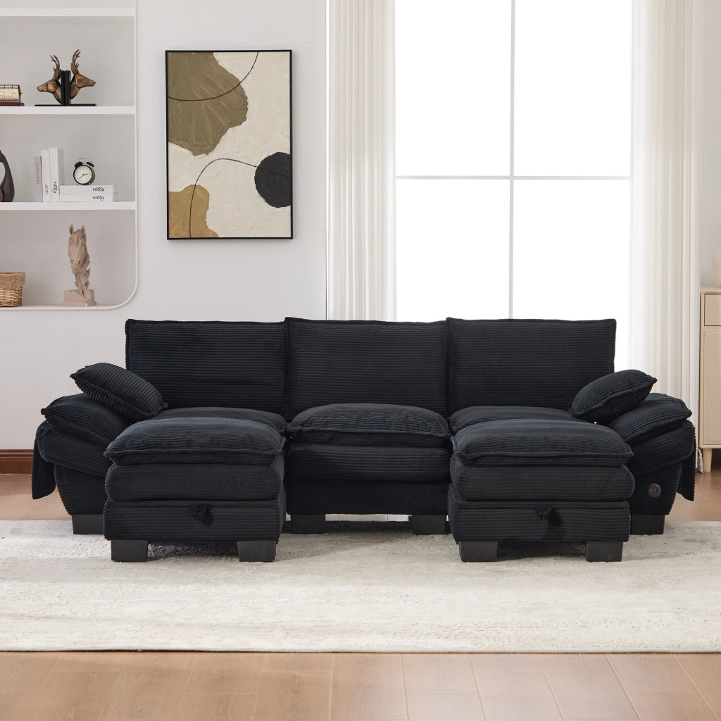 Divano modulare 3 posti con USB tipo C e 2 pouf contenitore in velluto a coste nero