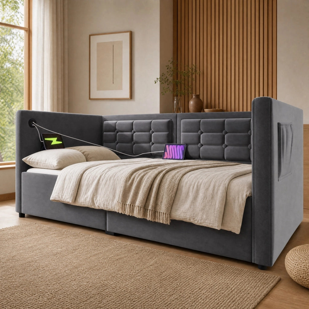 LETTO Divano 90x190 cm in velluto grigio con contenitore e USB Type-C
