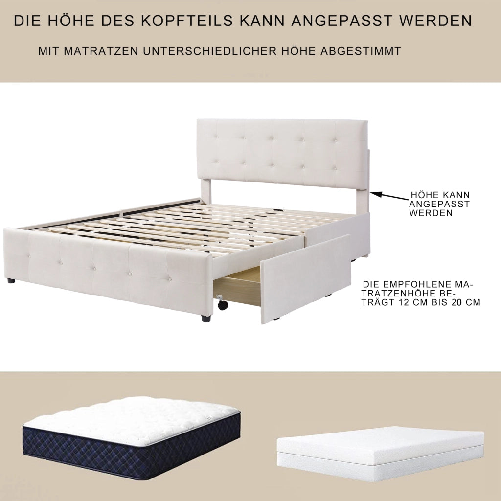 DESMIU Letto matrimoniale 140 × 200 cm 2 posti con 4 cassetti contenitori, senza materasso, in velluto, beige