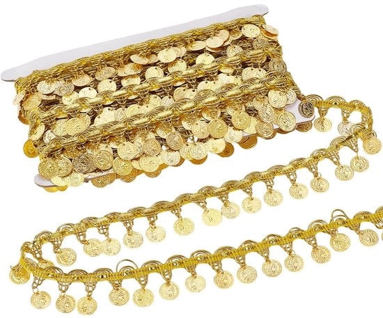 Pailletten a forma di moneta dorata - 10 metro di setole per decorare - frangetta a lama - cintura per danza del ventre - cinturino per il sedere - cucito DIY - 36 mm di larghezza