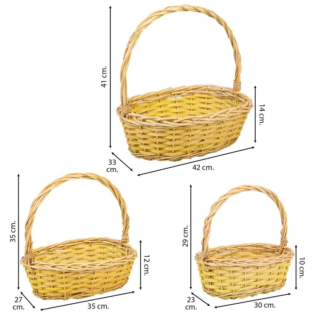 Set di 3 cestini in vimini con manici gialli