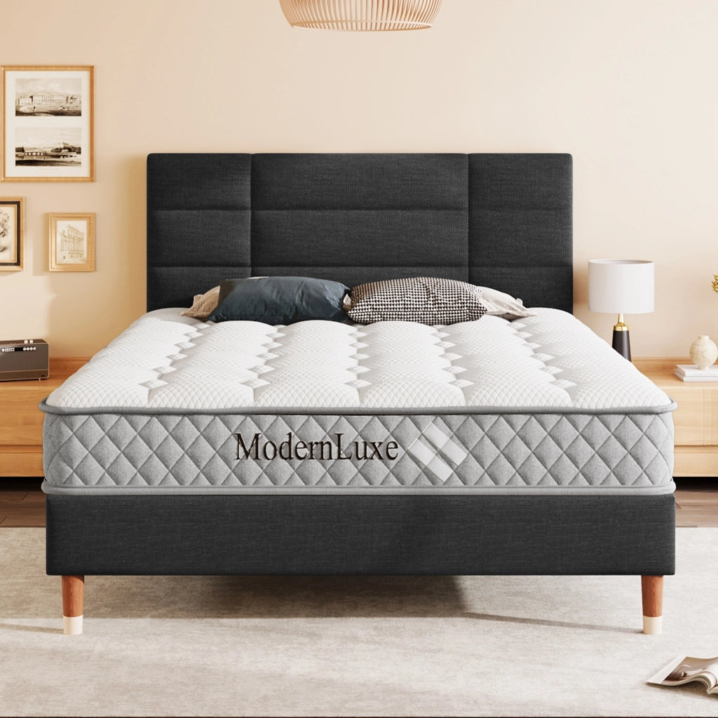 Letto imbottito matrimoniale - Zephmum - 140x200cm - Nero lino - Con rete e testiera