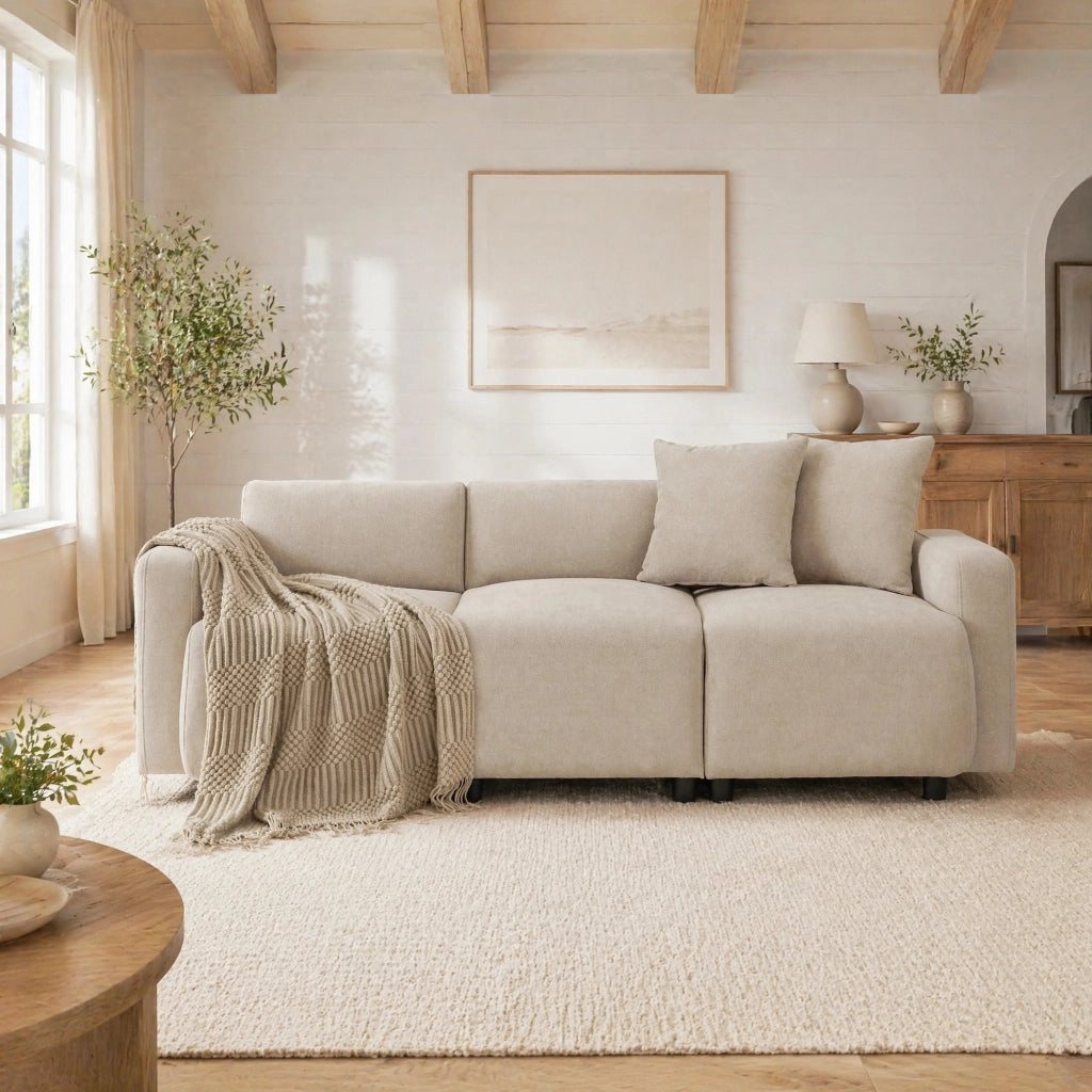 Divano a 3 posti in chenille beige; 211 cm