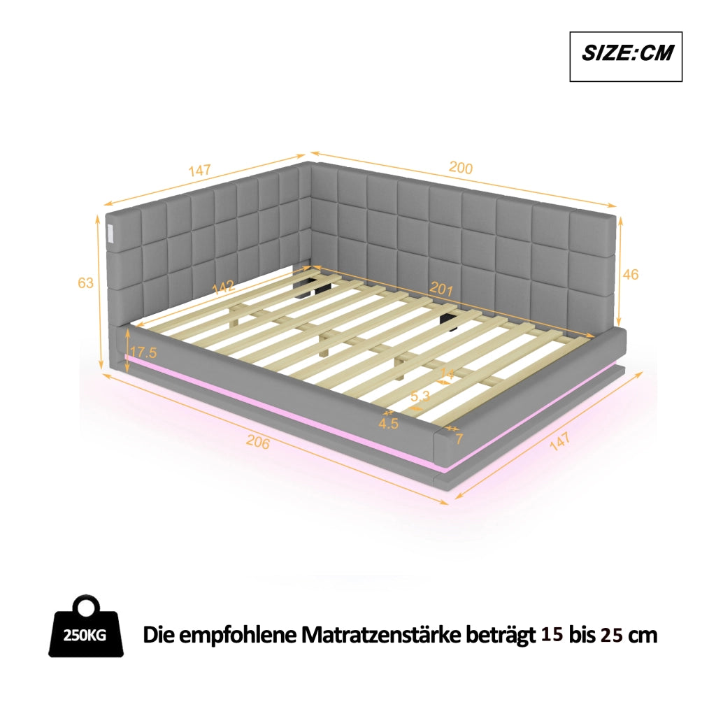 LETTO DIVANO Imbottito 140x200 cm Grigio in Lino con LED e USB