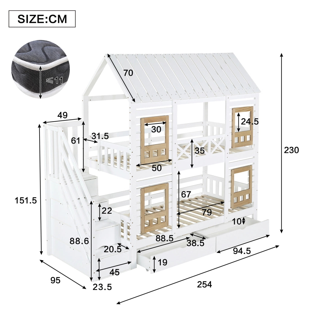 OKWISH Letto a Castello 90×200 cm, Letto Singolo con Finestre, 2 Cassetti, Scala con 4 Vani e Spondine, senza Materasso