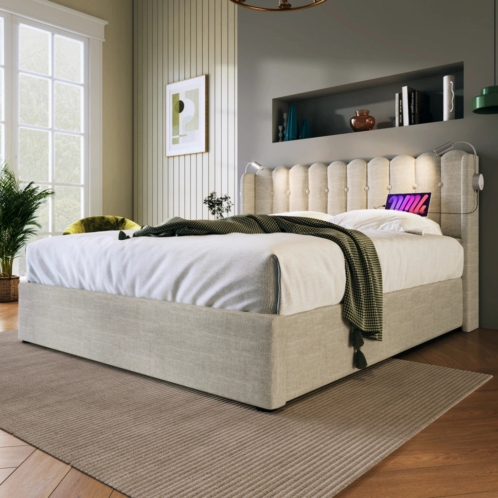 LETTO Contenitore 140x200 cm in lino beige con materasso incluso, luce da lettura e USB