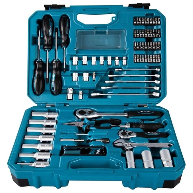 Makita E-08458 Set di utensili manuali 87 pezzi in acciaio cromo vanadio con cricchetti reversibili chiavi combinate cacciaviti pinza e punte varie colore Blu
