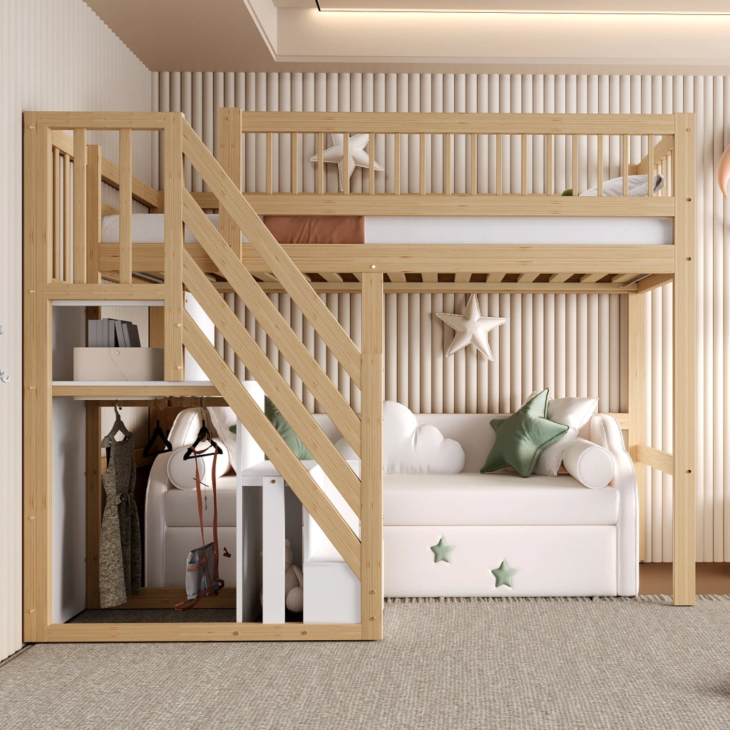 OKWISH Letto a Soppalco 90×200 cm, Letto Singolo con Scala Contenitore e Sponda, senza Materasso, in Legno, Naturale