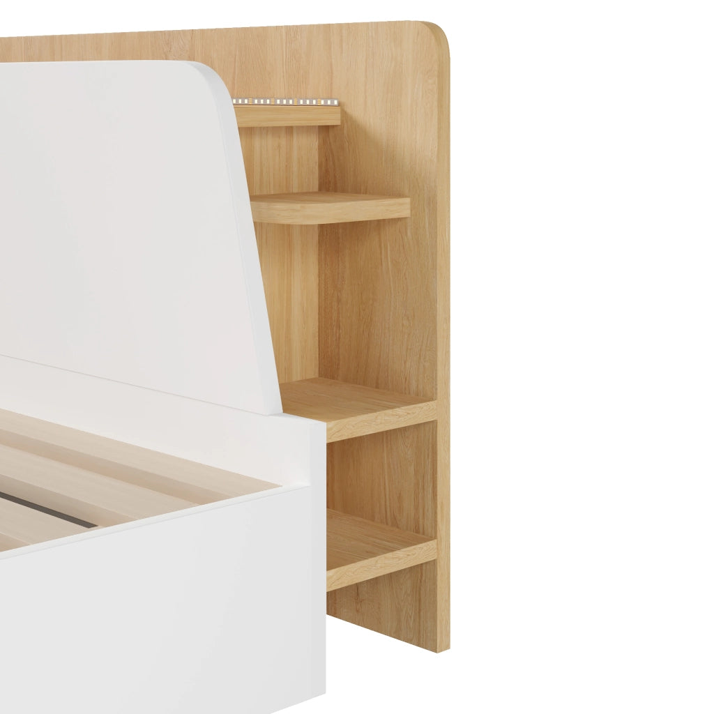 Letto contenitore 140×200 cm; letto matrimoniale con sollevamento idraulico; USB Type-C e LED; senza materasso; in pino; bianco e naturale