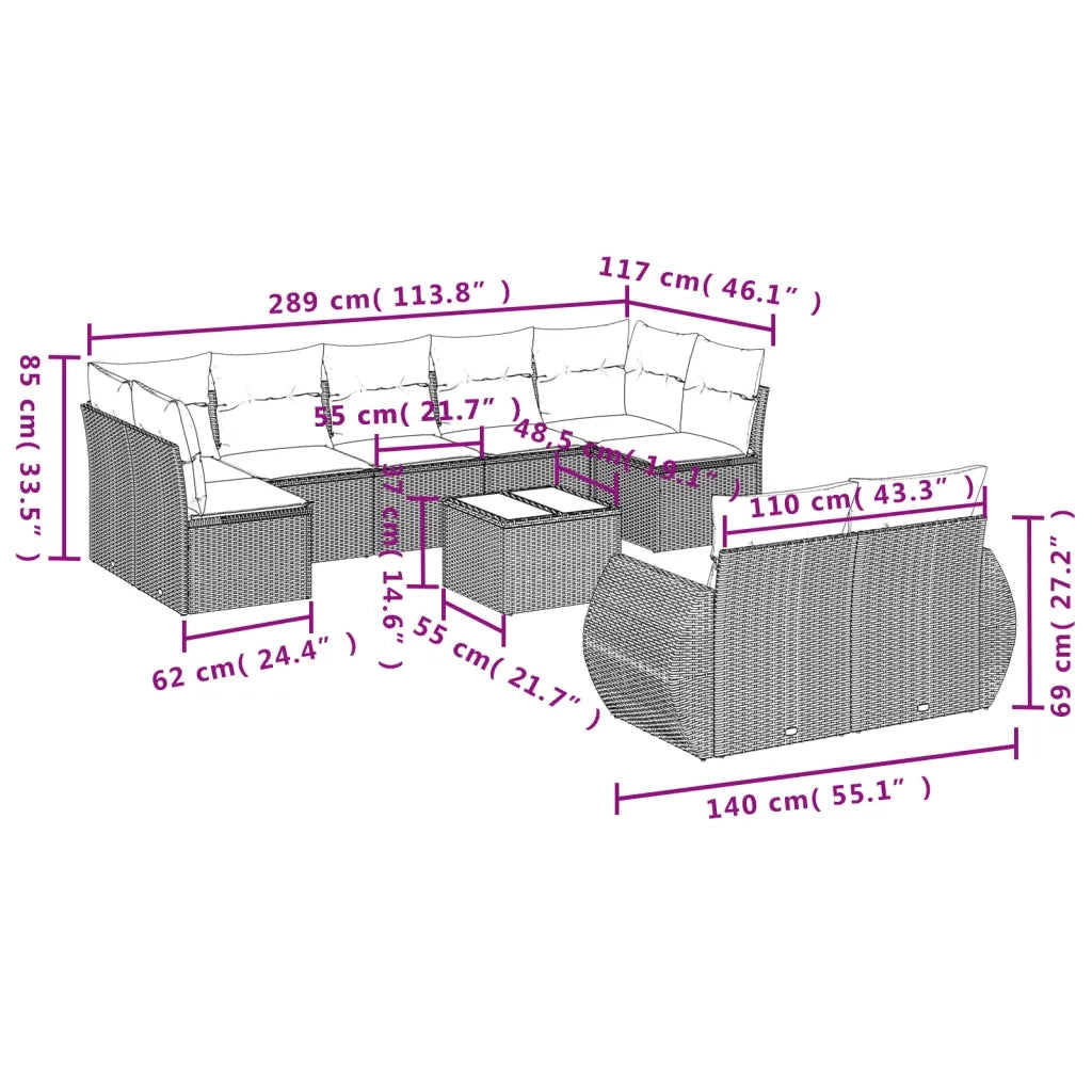 Set Divano Giardino 10 pz con Cuscini Grigio Chiaro Polyrattan 3254169