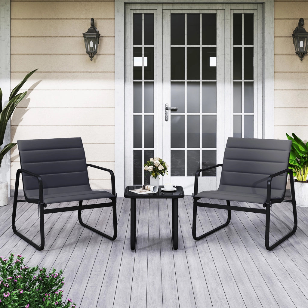 Set bistrò da esterno 3 pezzi metallo moderno piano vetro temperato cuscini rimovibili-Sedie da giardino traspiranti set relax per cortile esterni