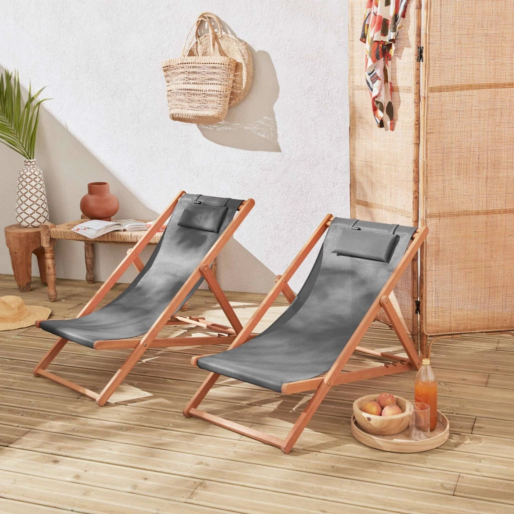 Set 2 lettini prendisole in legno con cuscino poggiatesta, antracite