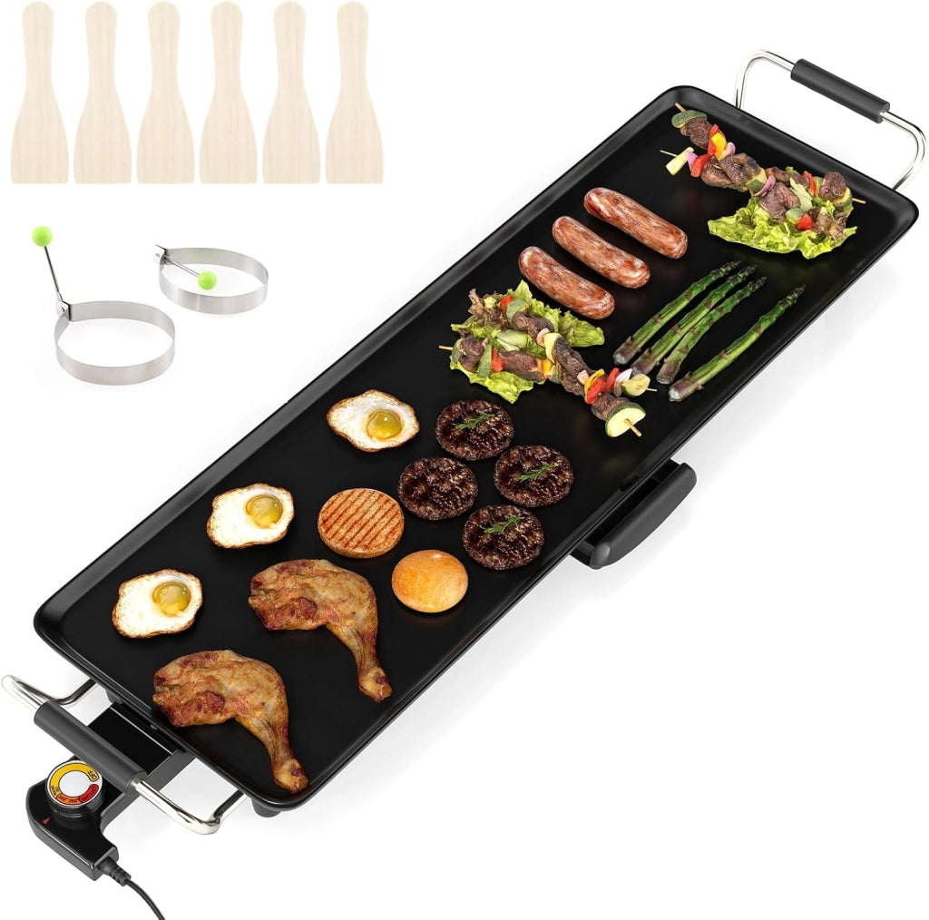 1800W Piastra Elettrica, Barbecue Elettrico con Temperatura Regolabile, Termostati e Vassoio di Sgocciolamento, Griglia Antiaderente (70 x 22 cm)