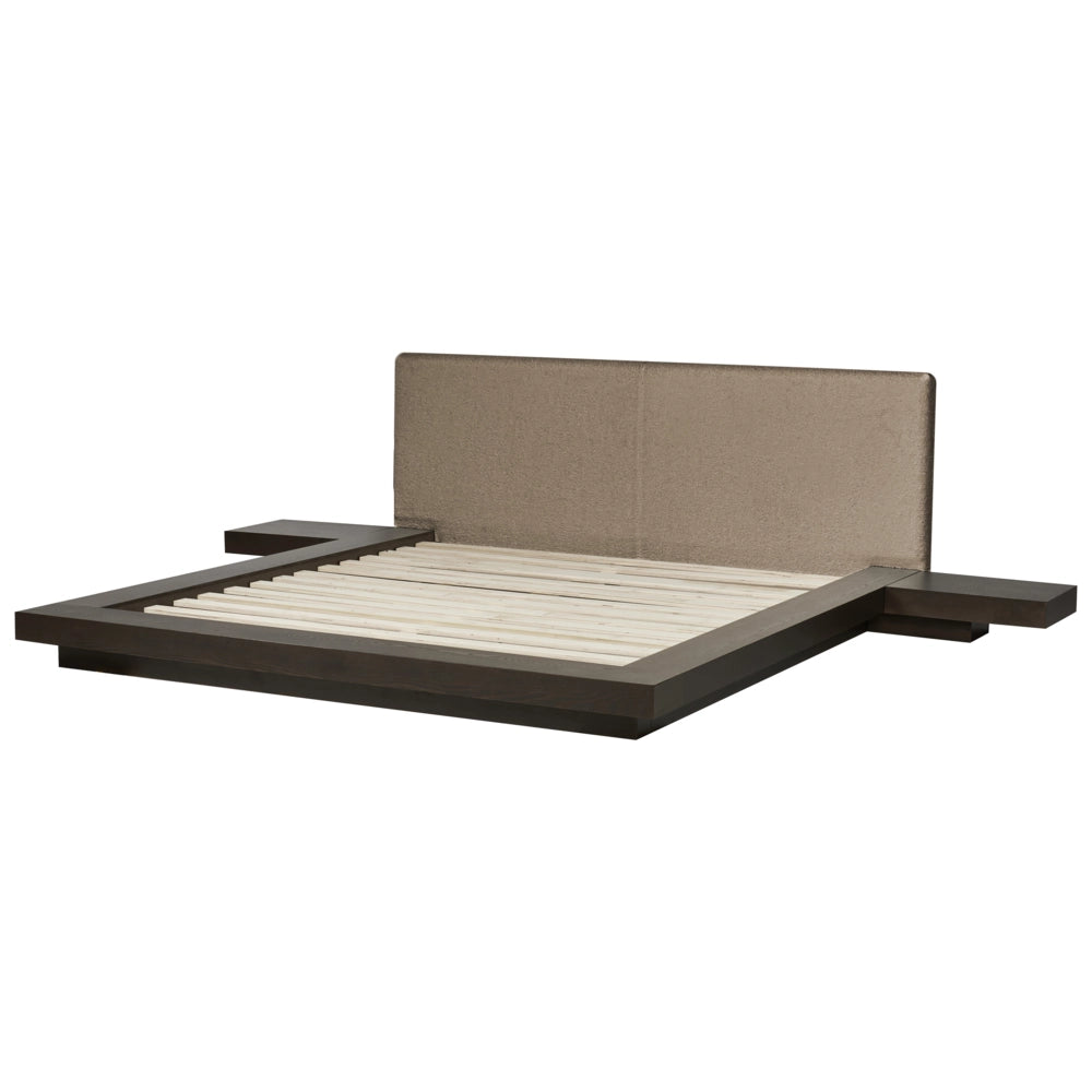 Letto in stile giapponese in legno di frassino scuro 180 x 200 cm, impiallacciato, testiera in bouclé, profilo basso, camera da letto
