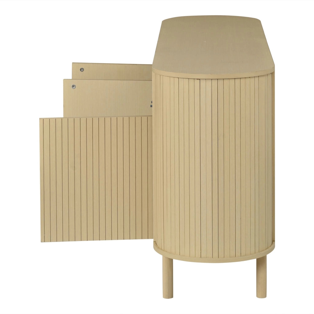 Credenza a tre ante, mobile da ingresso, ripiani a vista, gambe in legno massello, 160 x 40 x 78.5 cm, color legno naturale