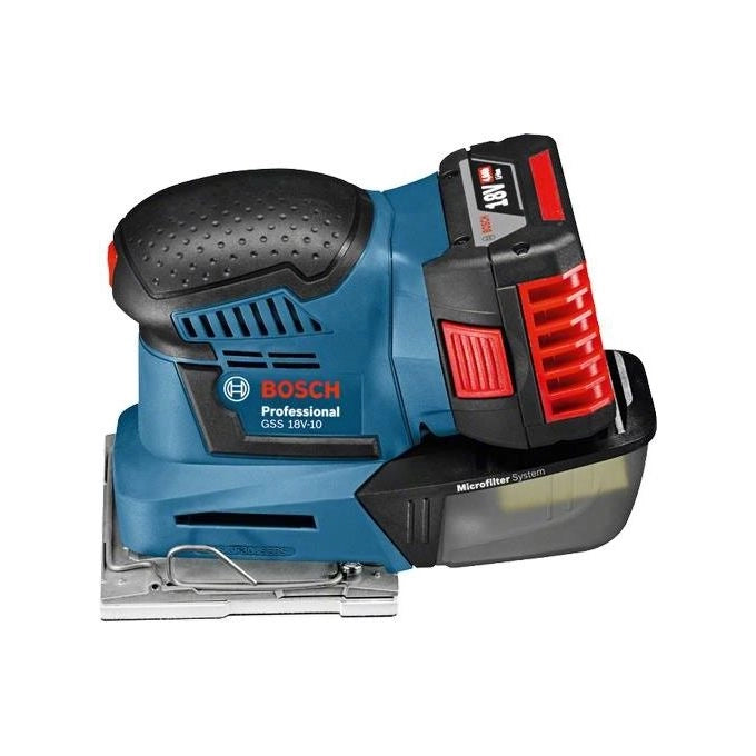 Bosch GSS 18V-10 Levigatrice Orbitale a Batteria 18 V 5 Ah con Fissaggio Velcro e Sistema Click and Clean colore Nero