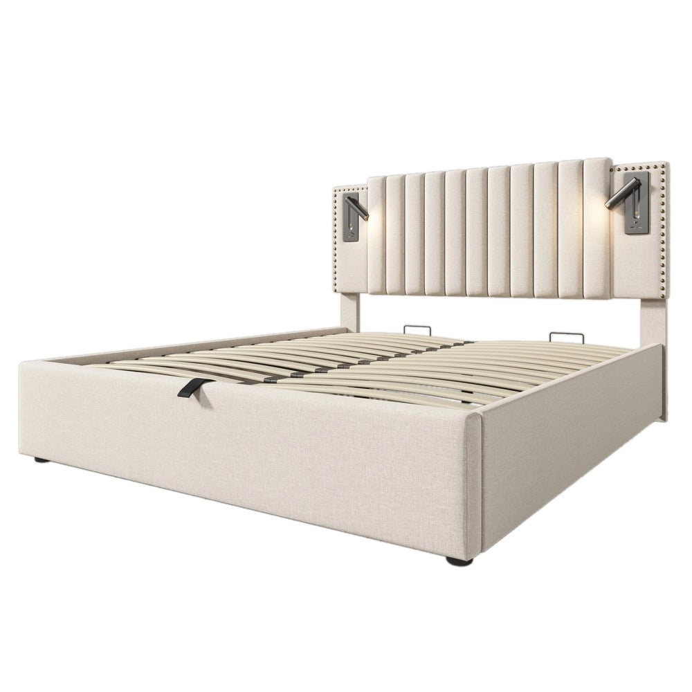 Letto Imbottito Contenitore 160x200 con Materasso ¨C Xylo ¨C Beige, Testiera LED USB, Similpelle