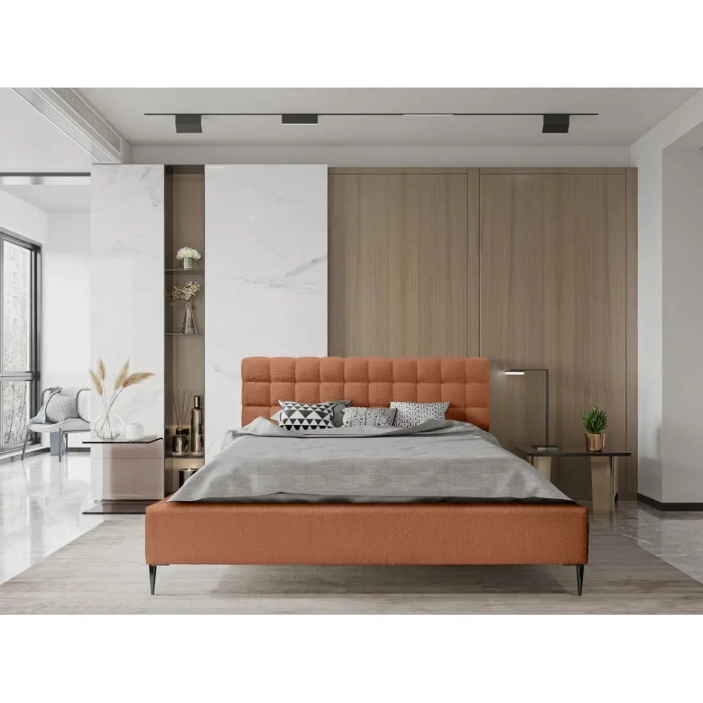 Letto MILLIO - Terracotta - 140x200 cm - Tessuto bouclé in ciniglia - Rete inclusa - Comfort da hotel 5 stelle