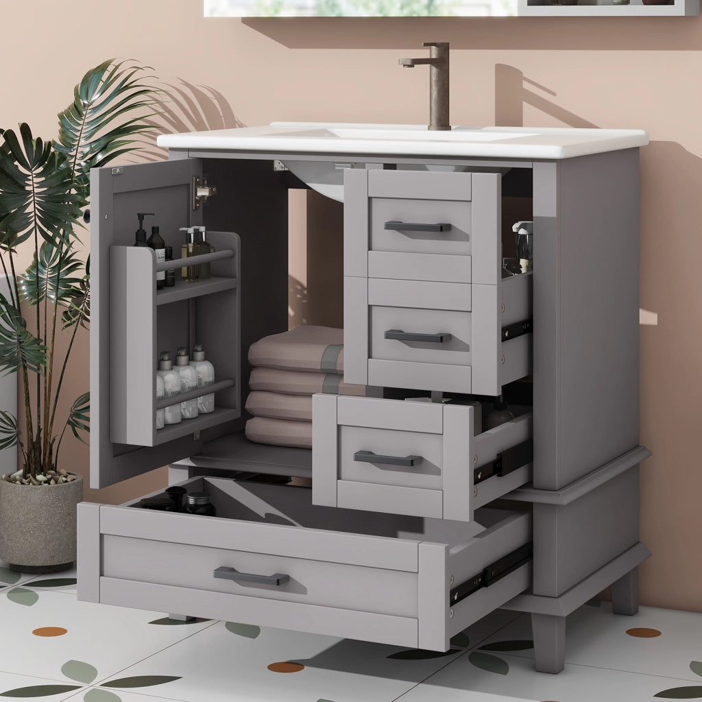Mobile Bagno con Lavabo Integrato ¨C MINIMAL ¨C Grigio, 76x46x83.5 cm, 3 Cassetti, Ceramica