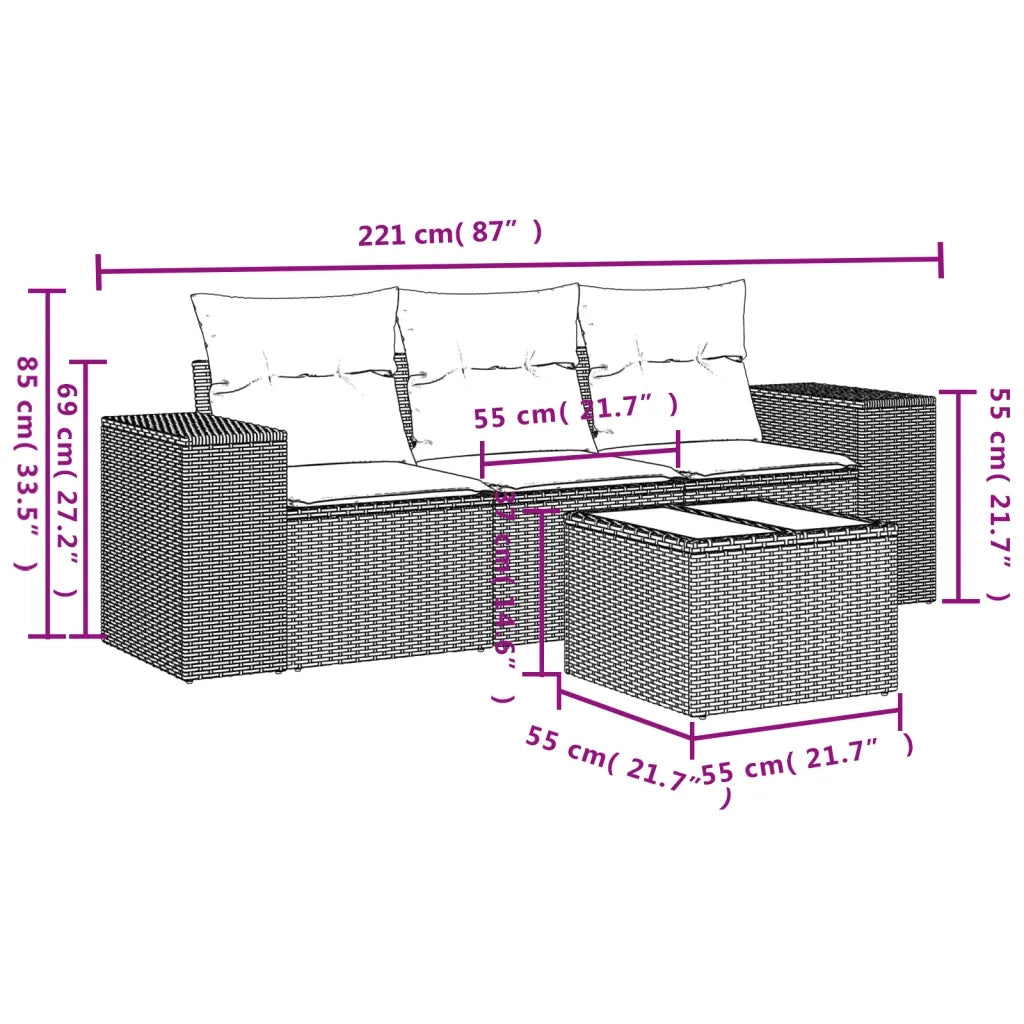 Set Divani da Giardino 4 pz con Cuscini Nero in Polyrattan