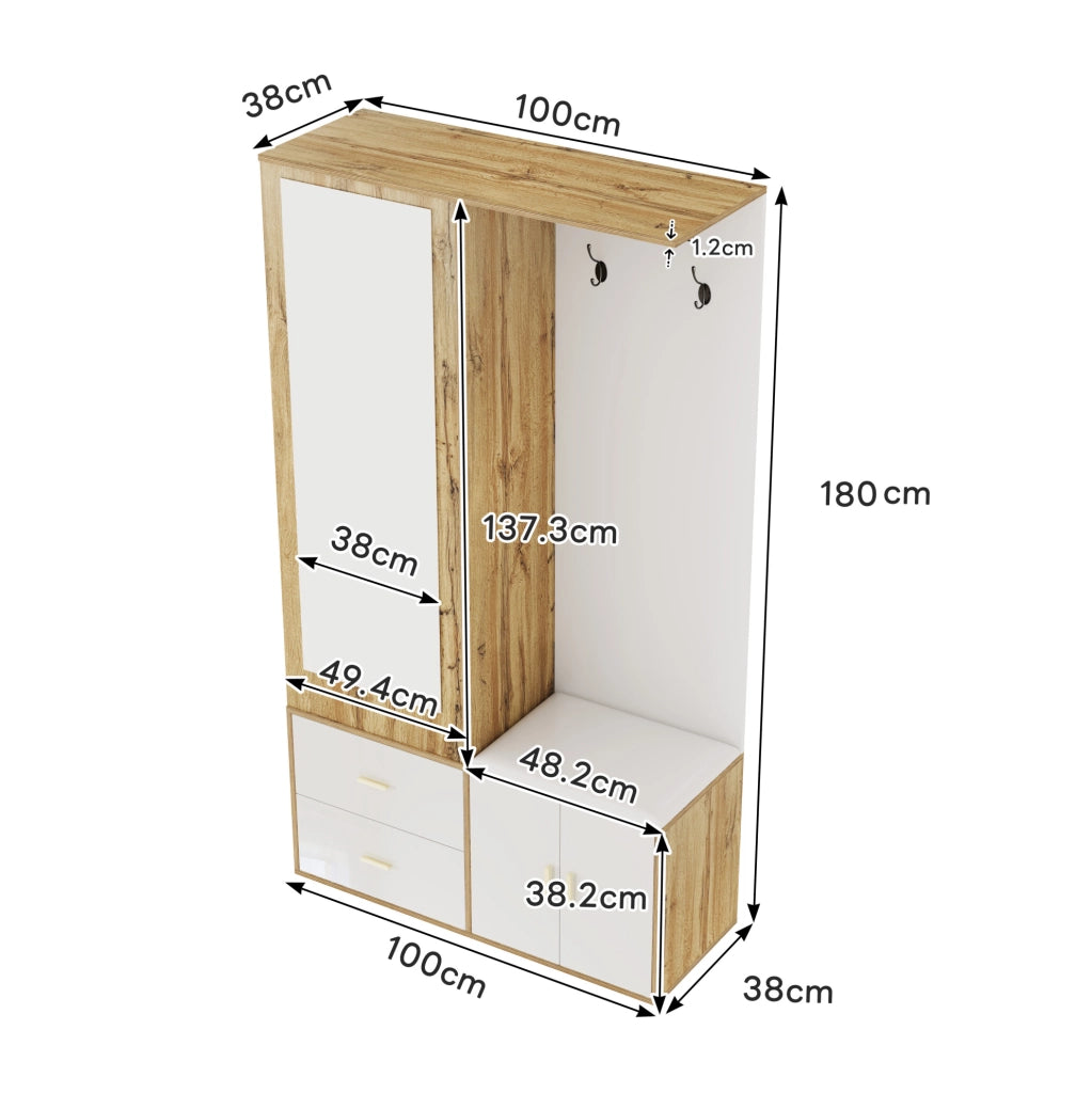 Guardaroba da ingresso 100x38x180 cm con specchio; panca e scarpiera bianco e naturale
