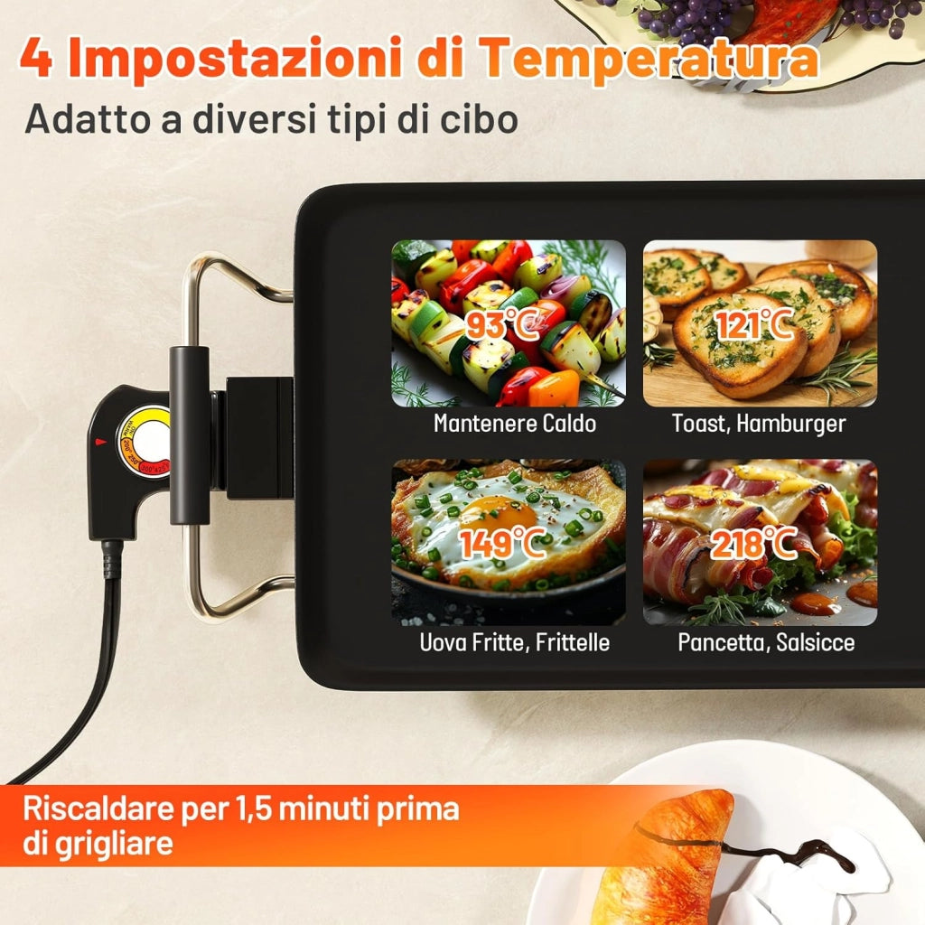 1800W Piastra Elettrica, Barbecue Elettrico con Temperatura Regolabile, Termostati e Vassoio di Sgocciolamento, Griglia Antiaderente (70 x 22 cm)