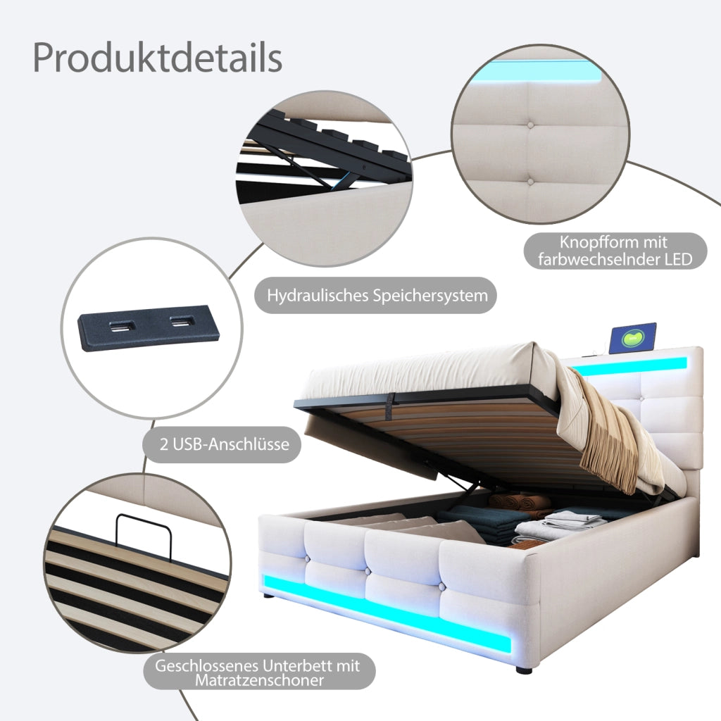LETTO Imbottito LED 90x200 cm Beige con 2 porte USB