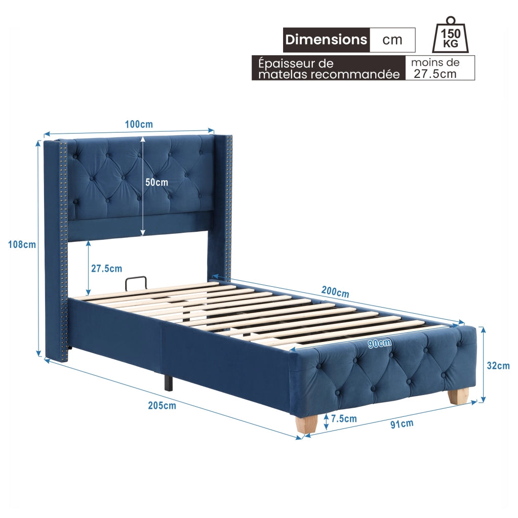 OKWISH Letto Bambino 90×200 cm, Letto Singolo con Testiera Imbottita, Borchie Decorative e Piedini in Legno, senza Materasso, Velluto, Blu