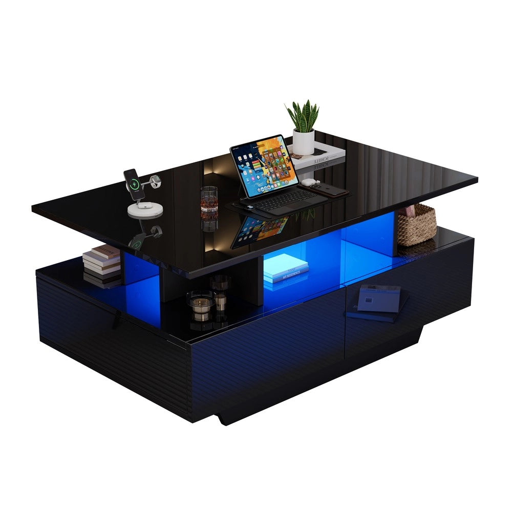 Tavolino da Caff¨¨ con LED e 2 Cassetti ¨C Xylo ¨C Bianco Lucido 90x55x41 cm